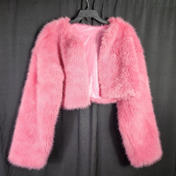 Unbranded Jackets & Blazers - Y2K‎ Pink Faux Fur Cropped Jacket Bolero Shaggy Open Lined Womens L Barbiecore
